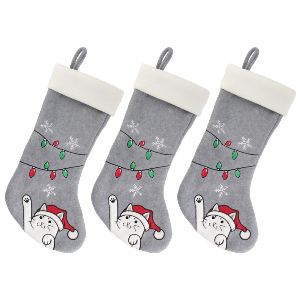 BambooMN 18" Classic Embroidered Sequined Animal Christmas Stocking - Naughty Cat Grey - 3 Units