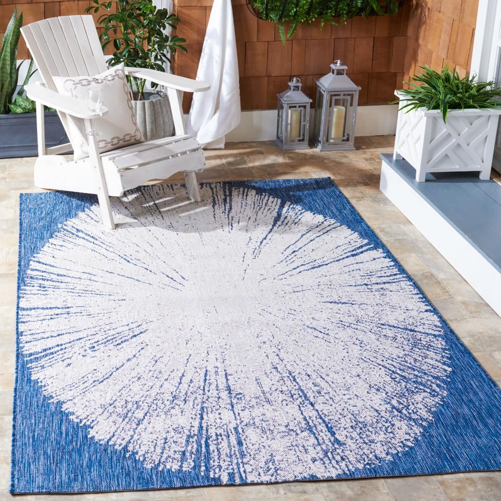 SAFAVIEH Washable Rug Outdoor Courtyard Collection - 4' x 5'7", Beige & Navy, Non-Shedding & Easy Cleaning, Ideal for Patio, Backyard, Mudroom (CY8893-53421)