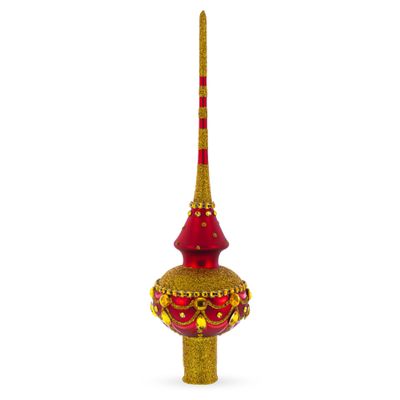Dimensional Golden Jewels on Red Glass Christmas Tree Topper 11 Inches