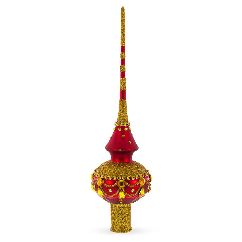 Dimensional Golden Jewels on Red Glass Christmas Tree Topper 11 Inches