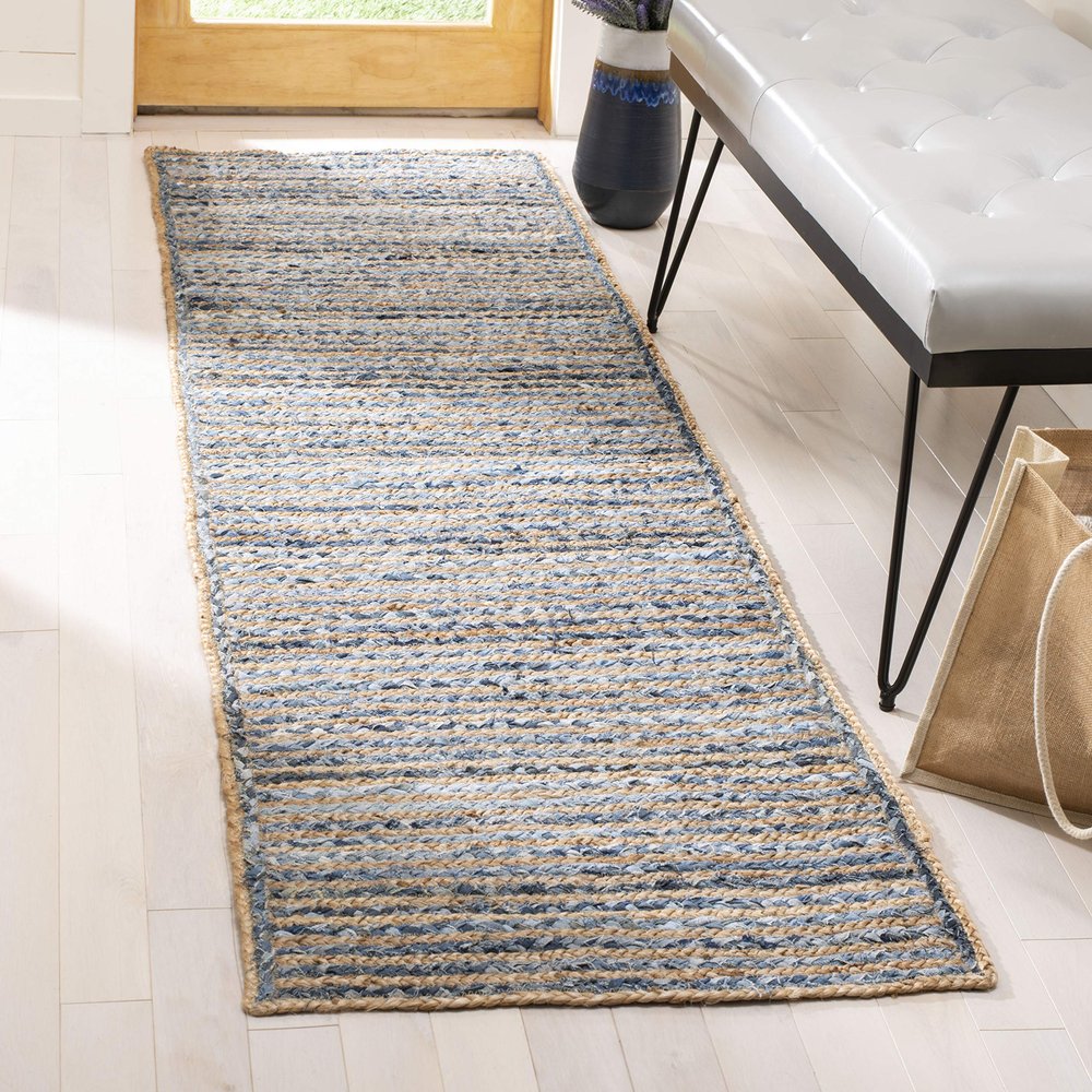 SAFAVIEH Cape Cod Collection 2'3" x 10' Natural/Blue CAP250A Handmade Flatweave Jute Entryway Foyer Living Room Kitchen Runner Rug
