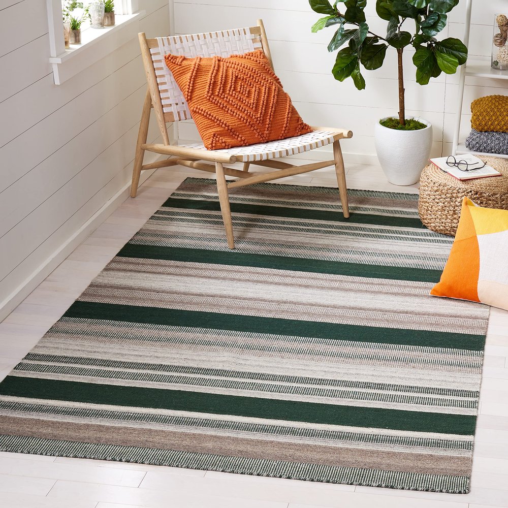 SAFAVIEH Dhurries Collection 3' x 5' Green/Grey DHU628Y Flatweave Premium Wool Entryway Living Room Foyer Bedroom Accent Rug