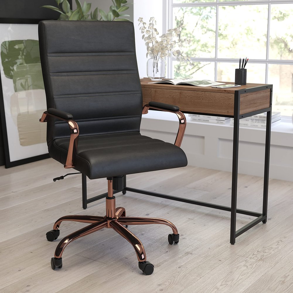 Merrick Lane Milano Contemporary High-Back Black Faux Leather Home Office Chair with Padded Rose Gold Arms