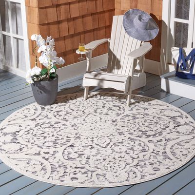 SAFAVIEH Washable Rug Outdoor Cabana Collection - 4' Round, Ivory & Grey, Non-Shedding & Easy to Clean, Ideal for Patio, Backyard, Mudroom (CBN656A)