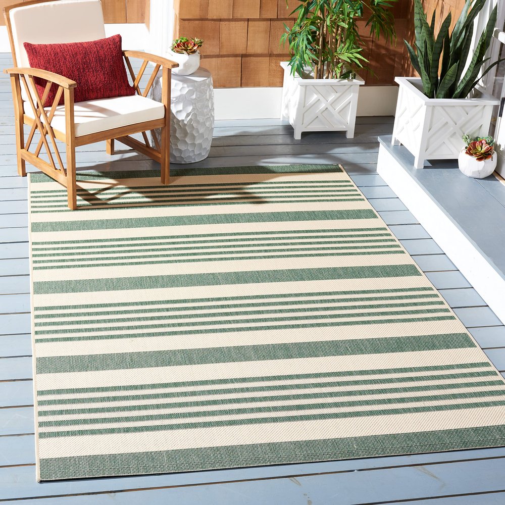 SAFAVIEH Courtyard Collection 2'7" x 5' Beige/Dark Green CY6062 Stripe Indoor/ Outside Waterproof Easy cleansingPatio Backyard Mudroom Area Mat