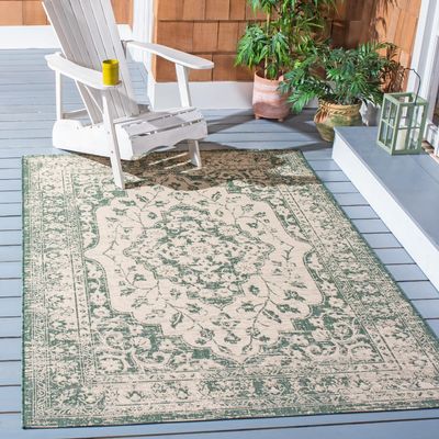 SAFAVIEH Washable Rug Outdoor Courtyard Collection - 6'7" x 9'6", Beige & Dark Green, Non-Shedding & Easy Cleaning, Ideal for Patio, Backyard, Mudroom (CY6231-32212)