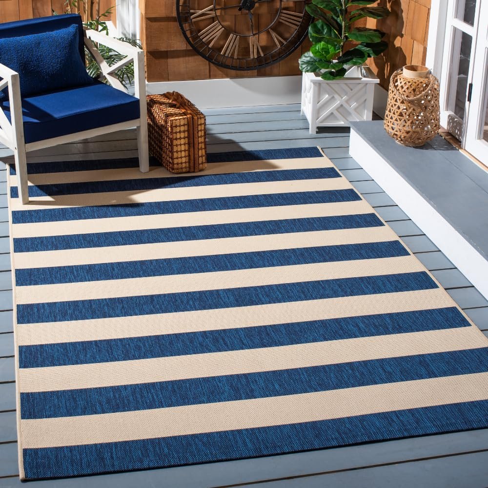 SAFAVIEH Washable Rug Outdoor Courtyard Collection - 4' x 5'7", Beige & Navy, Non-Shedding & Easy Cleaning, Ideal for Patio, Backyard, Mudroom (CY6812-25812)