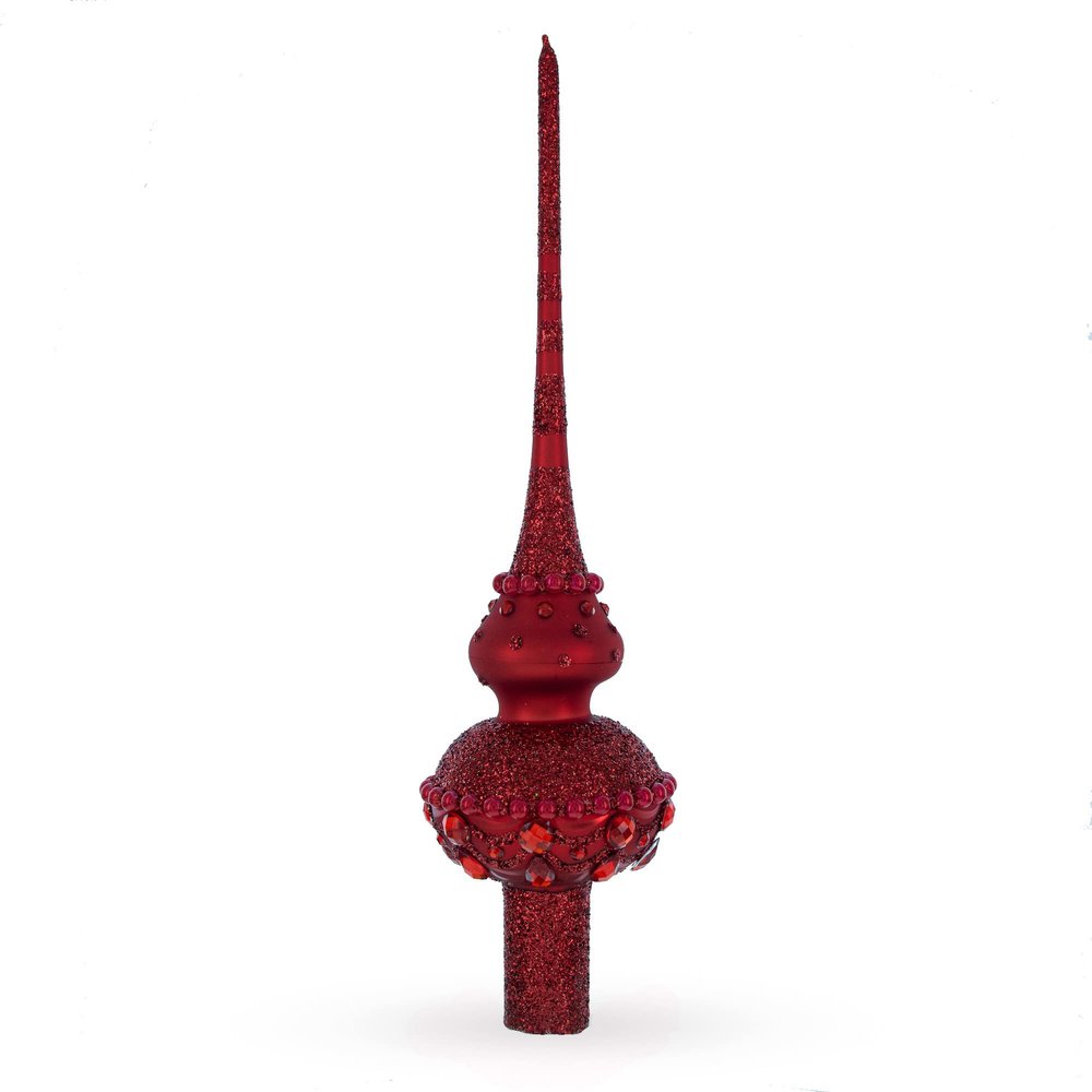 Dimensional Red Jewels Chandelier on Red Glass Christmas Tree Topper 11 Inches