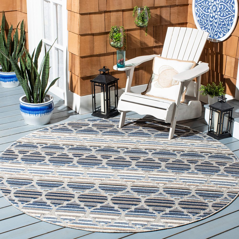 SAFAVIEH Washable Rug Outdoor Cabana Collection - 3' Round, Blue & Grey, Non-Shedding & Easy to Clean, Ideal for Patio, Backyard, Mudroom (CBN333M)