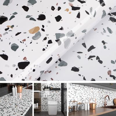 Ababoorty 15.8"x197" Granite Contact Paper White Terrazzo Contact Paper for Countertops Stone Terrazzo Textured Waterproof Vinyl Self Adhesive Wallpaper for Kitchen Backsplash Island Cabinets