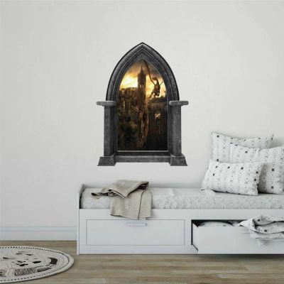 ArogGeld Castle Scape Dragon Kingdom Wall Decal Fire Breathing Dragons Stone Window Sticker Mural Kids Medieval Fairytale art Removable Vinyl decals For Playroom,28in ae423, One size