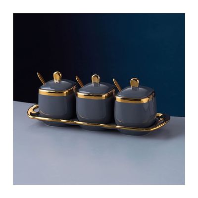 Storage Jars Spice Containers Set with Lids Ceramic Seasoning Box with Spoon Lid Seasoning Box Gold-painted Spice Bottle Red Seasoning Bottle Kitchen Spice Box 3 Pieces Condiment Jar Spice Container