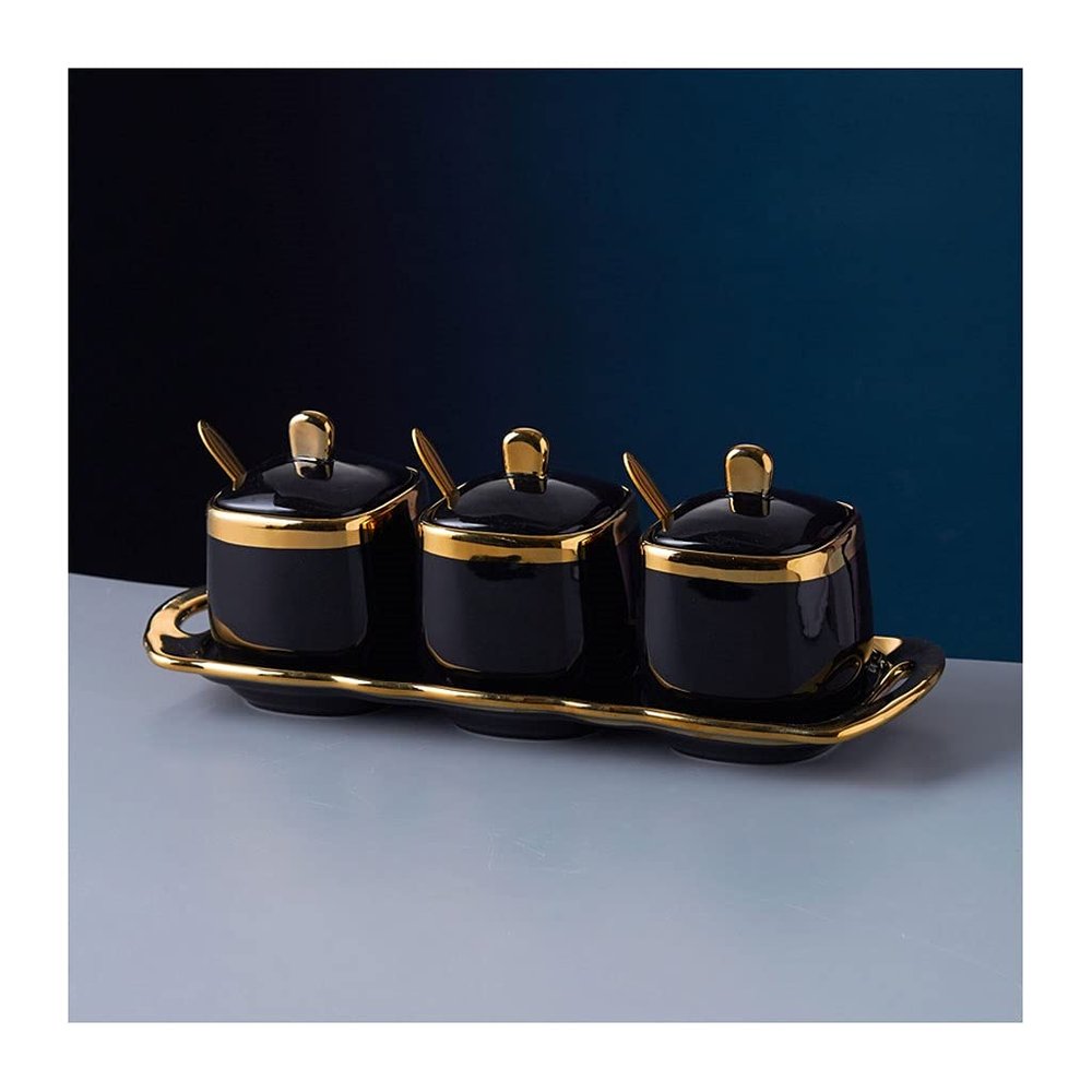 Storage Jars Spice Containers Set with Lids Ceramic Seasoning Box with Spoon Lid Seasoning Box Gold-painted Spice Bottle Red Seasoning Bottle Kitchen Spice Box 3 Pieces Condiment Jar Spice Container
