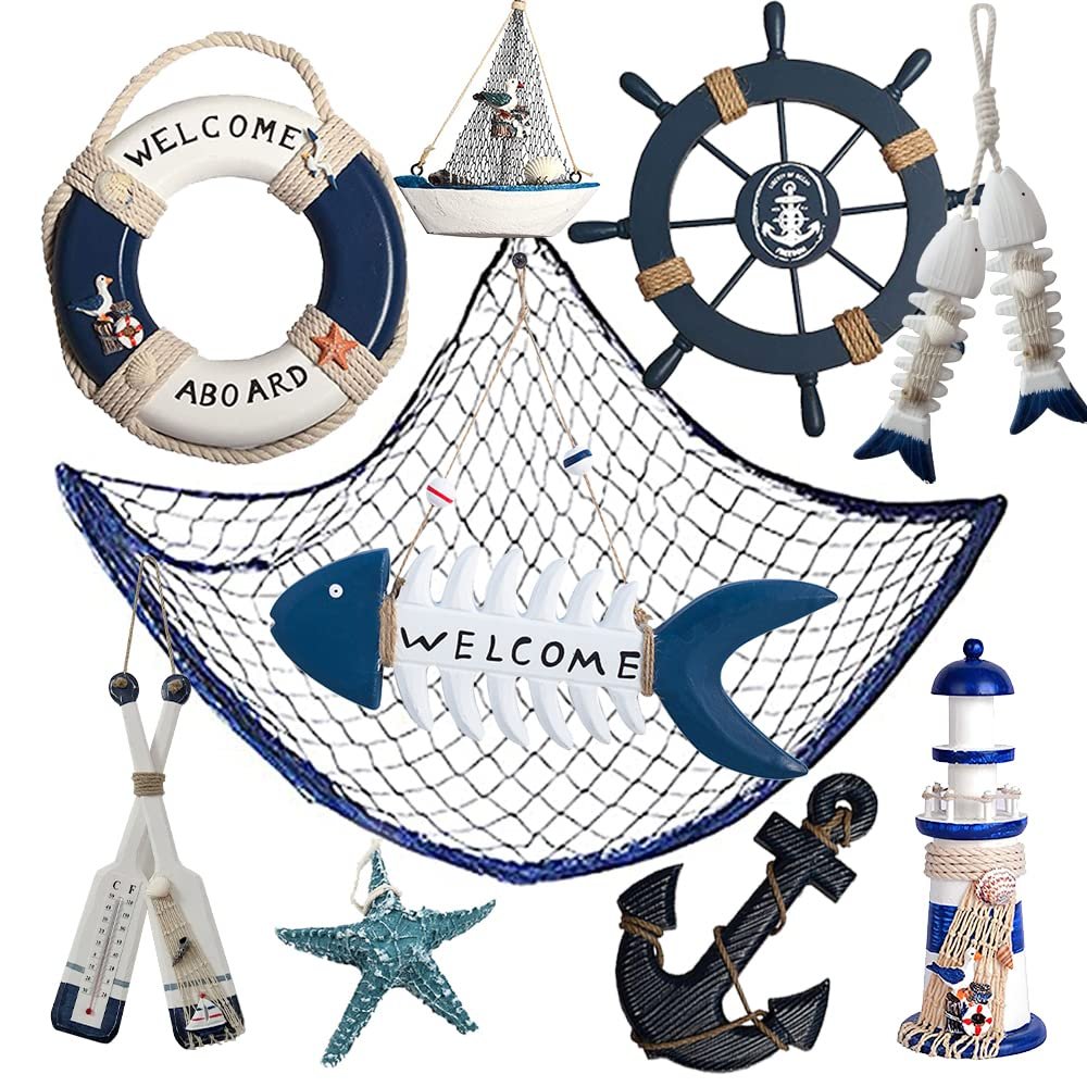 10 PCS Wood Coastal Wall Hanging Ornament Decoration, Nautical Mediterranean Style Beach Wooden Lighthouse, Anchor, Boat, Rudder, Oar, Life Ring, Ship, Starfish, Fishing Nets, Steering Wheel Sailing Home Decor