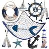 10 PCS Wood Coastal Wall Hanging Ornament Decoration, Nautical Mediterranean Style Beach Wooden Lighthouse, Anchor, Boat, Rudder, Oar, Life Ring, Ship, Starfish, Fishing Nets, Steering Wheel Sailing Home Decor view 1
