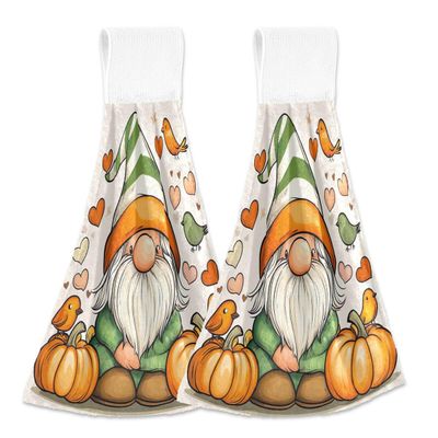 Nander 2Pcs Halloween Kitchen Hand Towels,Cute Gnome with Pumpkins Birds Absorbent Hanging Towels with Magic Tape for Bathroom Laundry Room Hanging Towel,Machine Washable