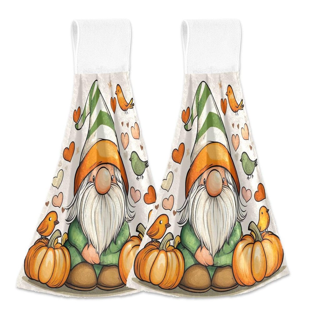 Nander 2Pcs Halloween Kitchen Hand Towels,Cute Gnome with Pumpkins Birds Absorbent Hanging Towels with Magic Tape for Bathroom Laundry Room Hanging Towel,Machine Washable