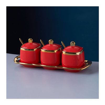 Storage Jars Spice Containers Set with Lids Ceramic Seasoning Box with Spoon Lid Seasoning Box Gold-painted Spice Bottle Red Seasoning Bottle Kitchen Spice Box 3 Pieces Condiment Jar Spice Container