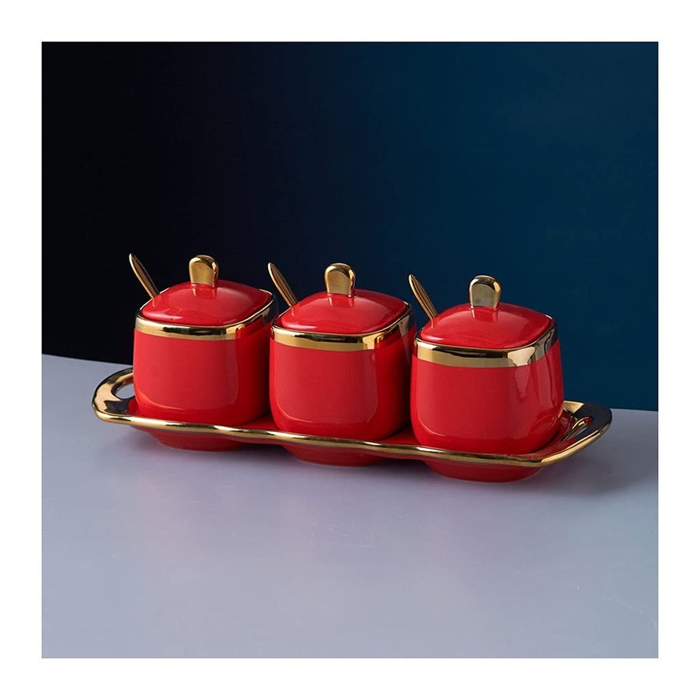 Storage Jars Spice Containers Set with Lids Ceramic Seasoning Box with Spoon Lid Seasoning Box Gold-painted Spice Bottle Red Seasoning Bottle Kitchen Spice Box 3 Pieces Condiment Jar Spice Container