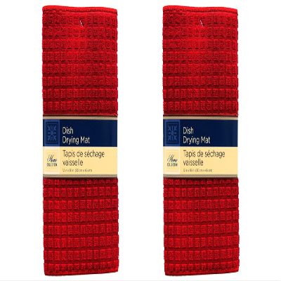 Red Windowpane Microfiber Polyester Dish Drying Mat Pad Cushion,Set of 2, 18 X 12 Inch, Absorbent Quick Drying Stylish Reversible, Two Mats Plus Bonus
