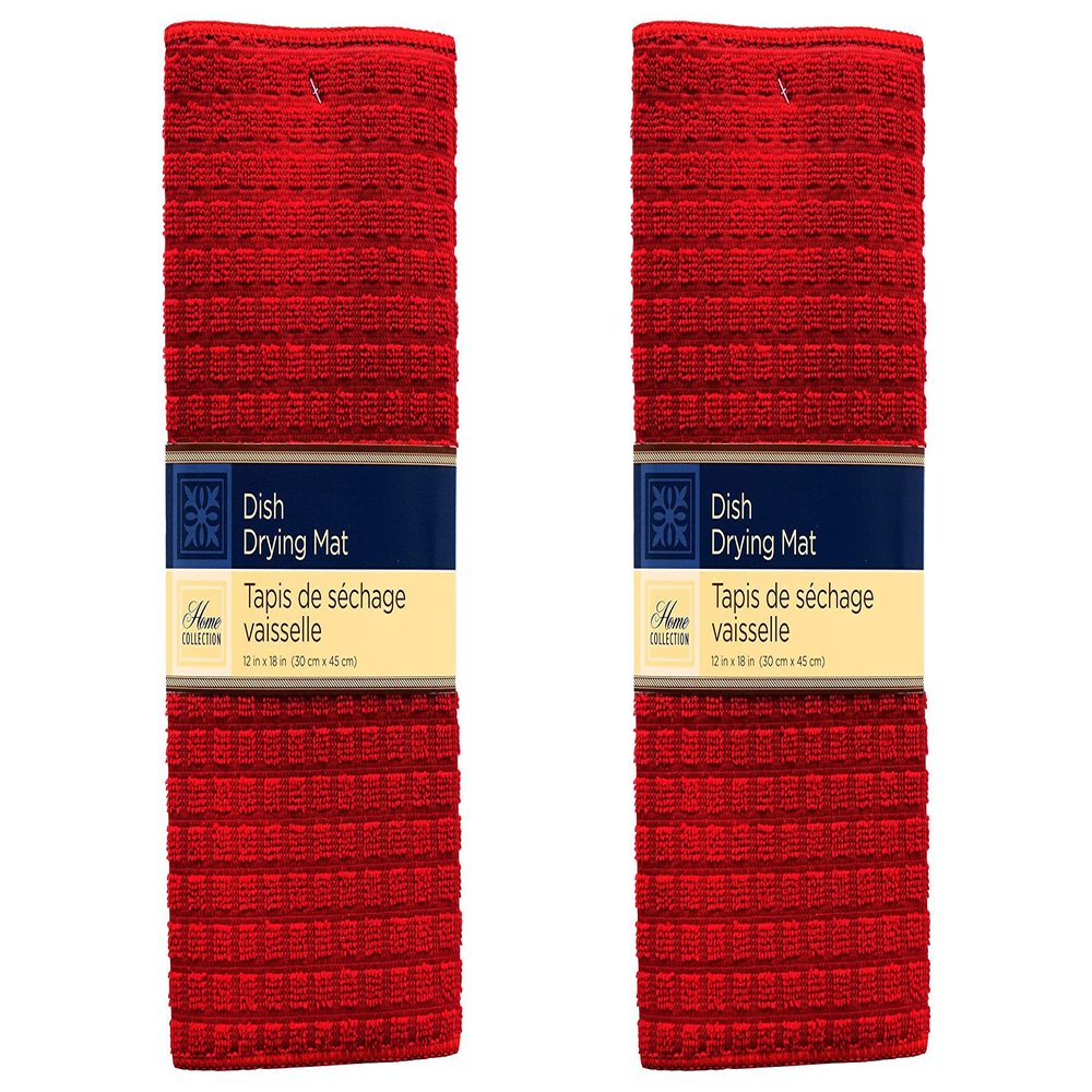 Red Windowpane Microfiber Polyester Dish Drying Mat Pad Cushion,Set of 2, 18 X 12 Inch, Absorbent Quick Drying Stylish Reversible, Two Mats Plus Bonus