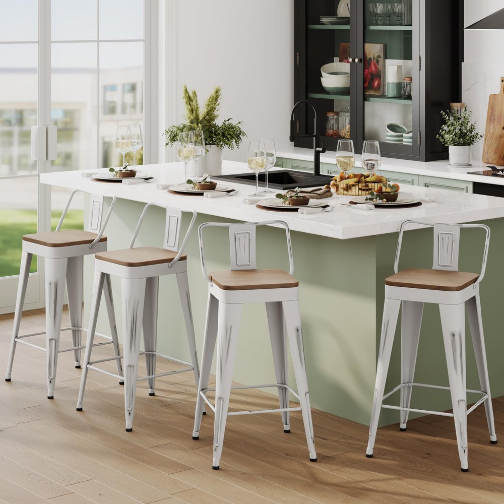 Andeworld Bar Stools Set of 4 Counter Height Stools Industrial Metal Barstools with Wooden Seats(30 Inch, Distressed White)