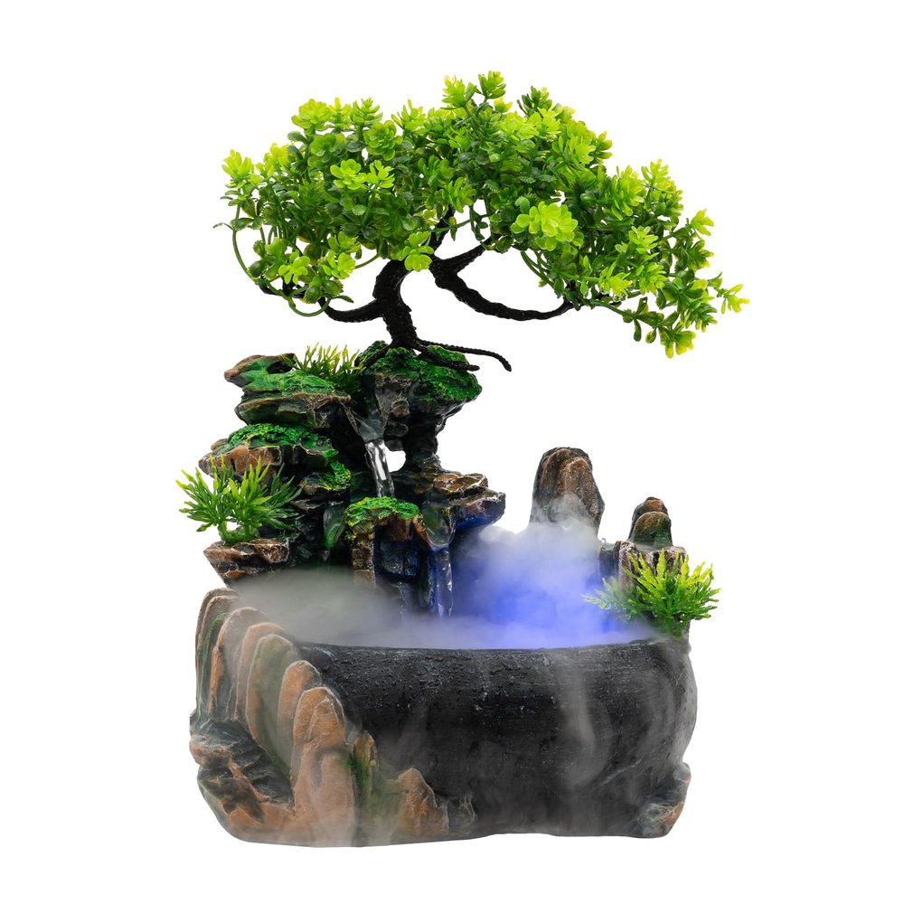 110V Desktop Rockery Water Fountain LED Lamp Waterfall, Tabletop Water Feature Indoor Atomization Effect Small Rockery Zen Water Fountain for Living Room, Bedroom, Office