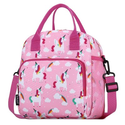 RAVUO Kids Lunch Bag for Girls, 9L Large Thermal Lunch Box with Side Water Bottle Pocket for Daycare School Picnic Travel, Crossbody Toddler Food Cooler Bag, Pink Unicorn