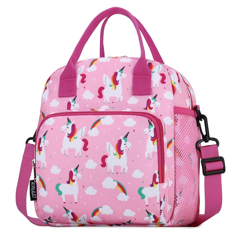 RAVUO Kids Lunch Bag for Girls, 9L Large Thermal Lunch Box with Side Water Bottle Pocket for Daycare School Picnic Travel, Crossbody Toddler Food Cooler Bag, Pink Unicorn
