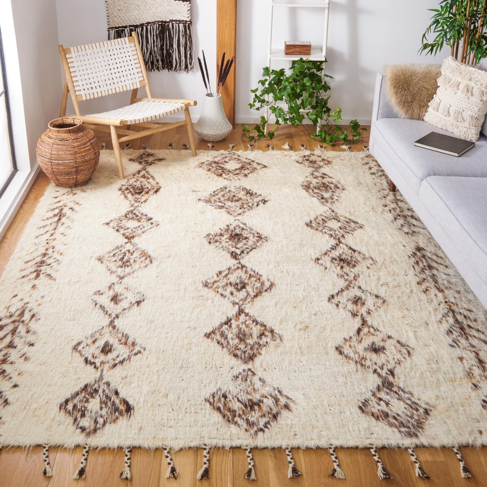 SAFAVIEH Kenya Collection Area Rug - 9' x 12', Ivory & Brown, Hand-Knotted Moroccan Boho Wool Tassel, Ideal for High Traffic Areas in Living Room, Bedroom (KNY115A)