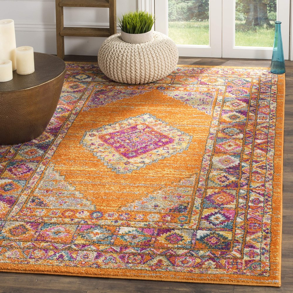 SAFAVIEH Madison Collection Area Rug - 3' Square, Orange & Fuchsia, Boho Chic Medallion Design, Non-Shedding & Easy Care, Ideal for High Traffic Areas in Living Room, Bedroom (MAD133D)