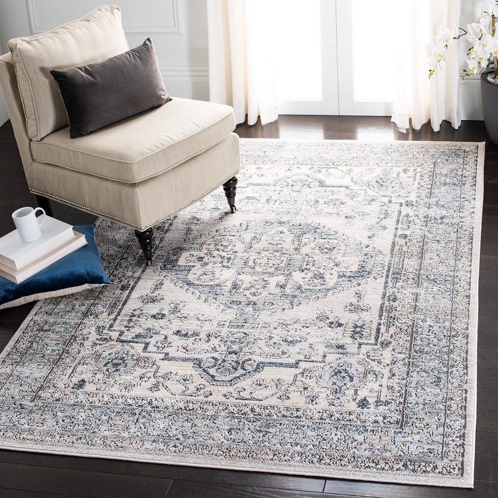 Martha Stewart x SAFAVIEH Area Rug Collection - 6'7" x 9', Light Blue & Ivory, Non-Shedding & Easy Cleaning, Ideal for Living Room, Bedroom, Office, Dining Space (MSR877M)