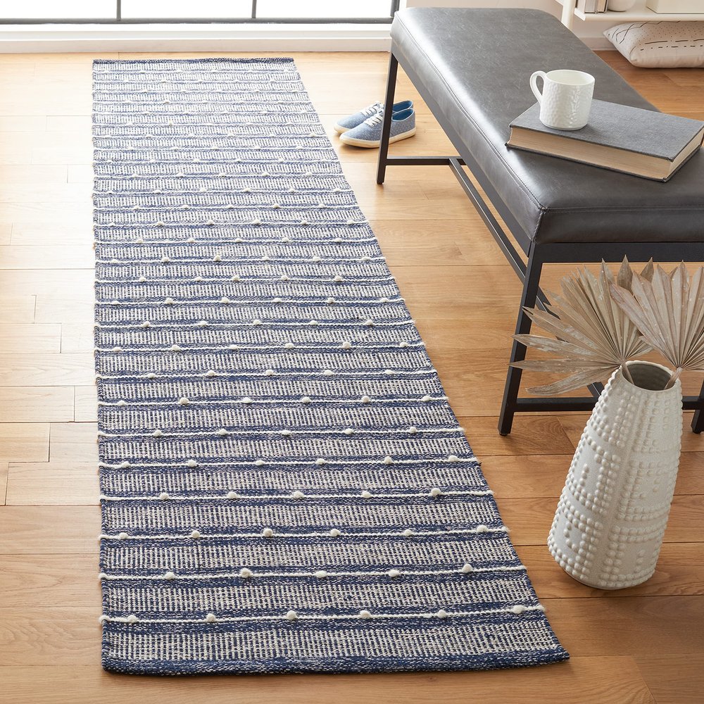 SAFAVIEH Striped Kilim Collection 2'3" x 7' Navy/Blue STK513N Handmade Flatweave Cotton Entryway Foyer Living Room Bedroom Kitchen Runner Rug