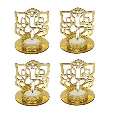 Indo Essentials-(Set of 4) Lord Aspesious Ganesha Decorative Tealight Candle Stand Holder for All Religious Festive Pooja Thali