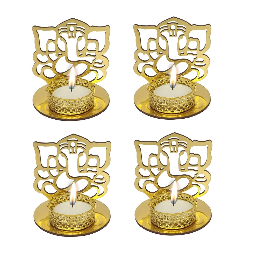 Indo Essentials-(Set of 4) Lord Aspesious Ganesha Decorative Tealight Candle Stand Holder for All Religious Festive Pooja Thali