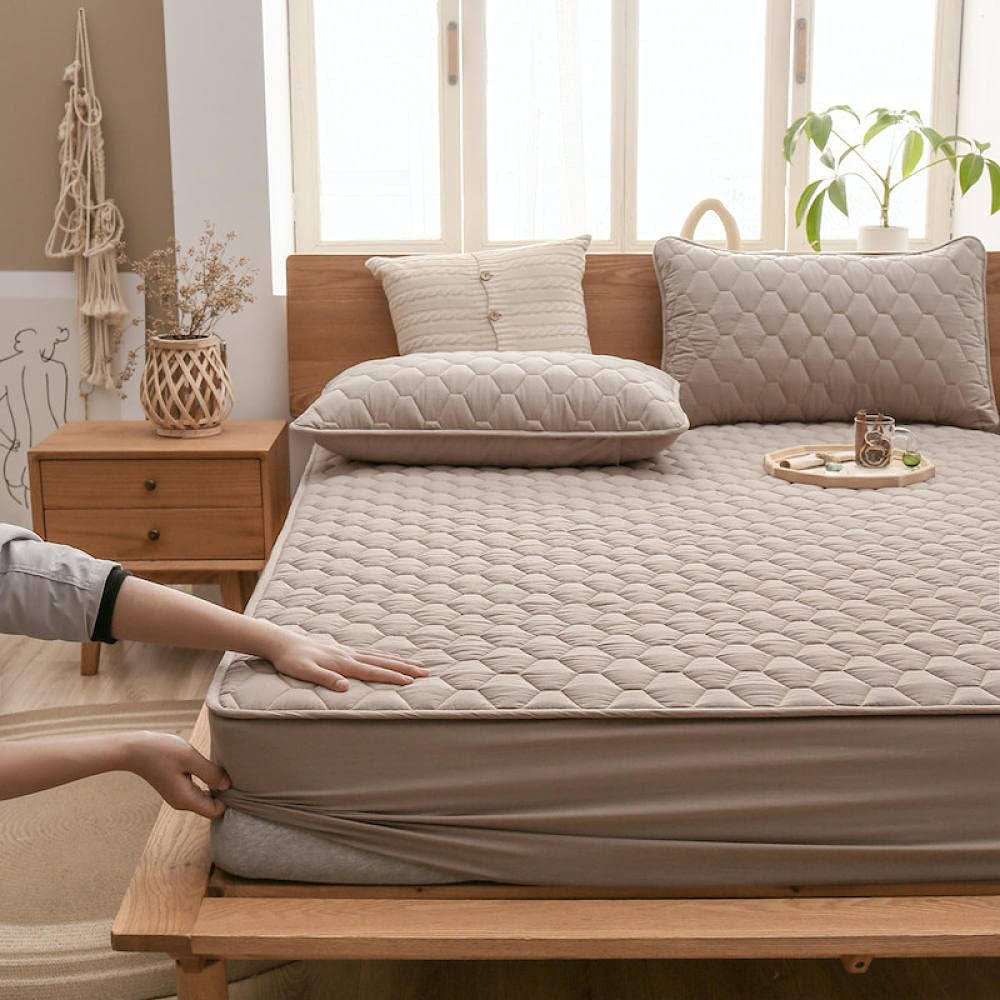 CFYCYHDZHT Bedding Deep Pocket Fitted Sheet,Thick Quilted Non Slip Mattress Protector, for The Elderly Kids Bedroom Solid Color Water Proof Urinary Bed Cover Khaki 180220cm+30cm