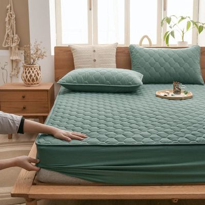 CFYCYHDZHT Bedding Fitted Sheets,Thick Quilted Non Slip Mattress Protector, for The Elderly Kids Bedroom Solid Color Water Proof Urinary Bed Cover Light Green 120200cm+30cm