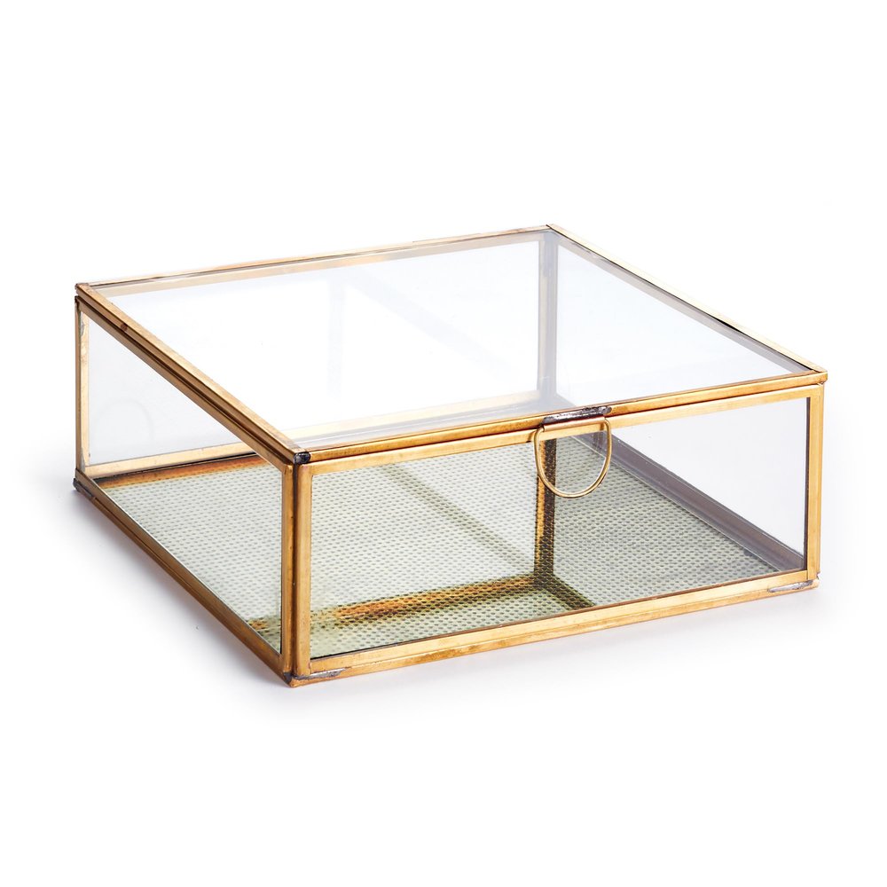 Napa Home & Garden Arwen Large Antique Brass & Glass Decorative Display Box 8" x 8" x 3" Home Premium Luxury Keepsakes Mementos Wedding Anniversary Treasures Jewelry Holder Decor Decoration Large