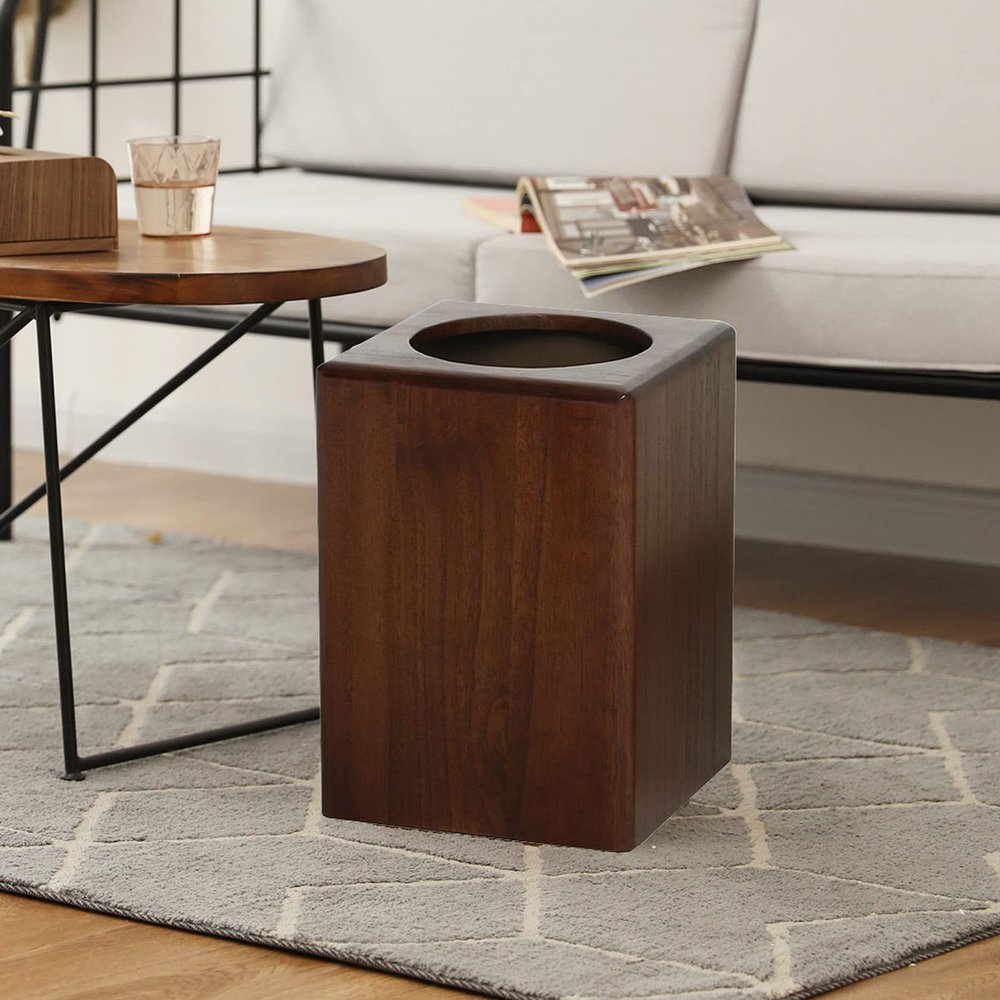 CL-ZZZ Trash Can Wooden Square Rubbish Bin with Inner Plastic Waste Basket, for Bedroom, Living Room, Bathroom and Office, Waste Bin Dark Brown