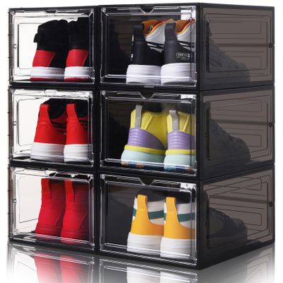 Yukui LLc Large Clear Shoe Boxes Stackable,6 Pack Hard Plastic Shoe Storage Boxes with Magnetic Door,Drop Front Shoe Organizer Containers,Shoe Case Sneakers Storage Fit US Size 12 Black