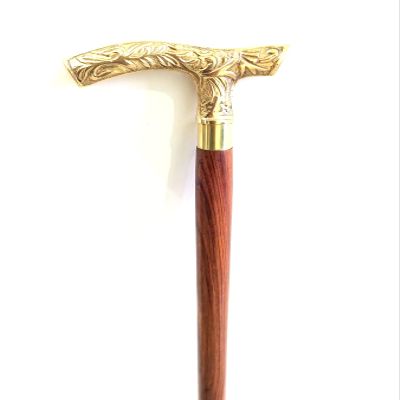 36 inch Golden & Brown Wooden Walking Cane | Walking Stick Beautiful Brass Golden & Brown Wooden Head Walking Stick for Men and Women