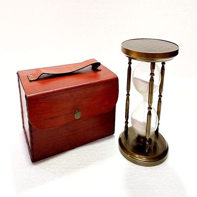 Antique Brass Sand Timer Nautical Maritime Chess Style Sand Clock with Leather Box Home Decor