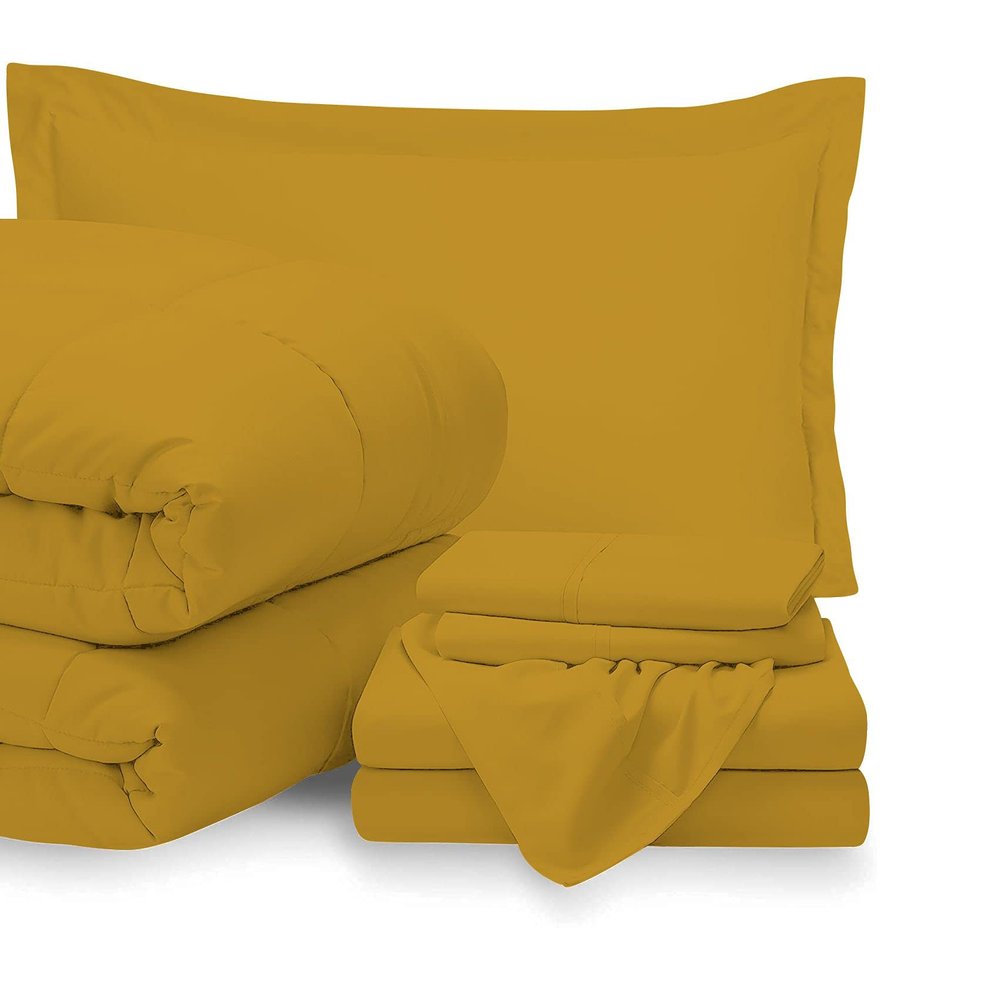 7 Piece Bed-in-A-Bag Comforter & Sheet Set 15" Deep Pocket, 100% Egyptian Cotton Oversized Super King Size, Gold, Sets Include - 1Comforter, 1Flat Sheet,1Fitted Sheet, 2Pillowcase & 2Pillowsham