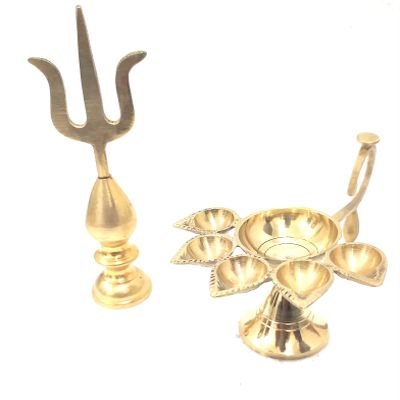 Ganga Nautical Golden Brass Trishakti Trishul Kalash with Pure Brass Panch Deepak Aarti Oil Lamp for Pooja Mandir Diya