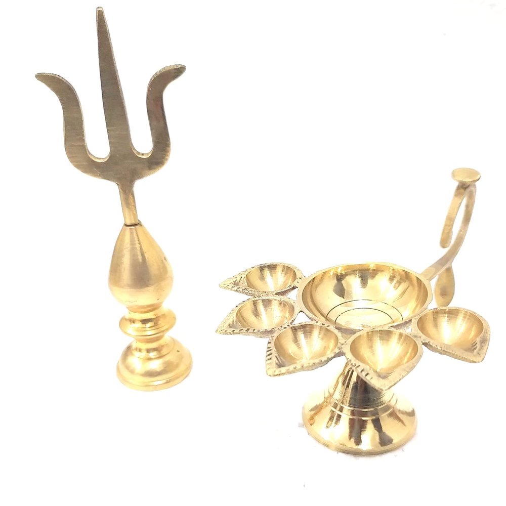 Ganga Nautical Golden Brass Trishakti Trishul Kalash with Pure Brass Panch Deepak Aarti Oil Lamp for Pooja Mandir Diya