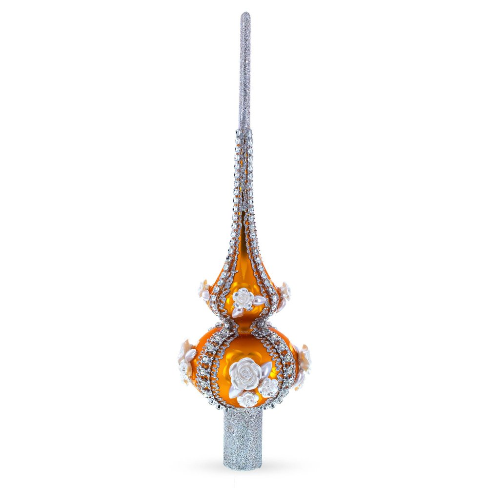 Dimensional Pearl Roses on Gold Glass Christmas Tree Topper 11 Inches