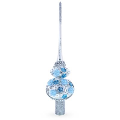 Dimensional Blue Roses and Flowers on Silver Glass Christmas Tree Topper 11 Inches