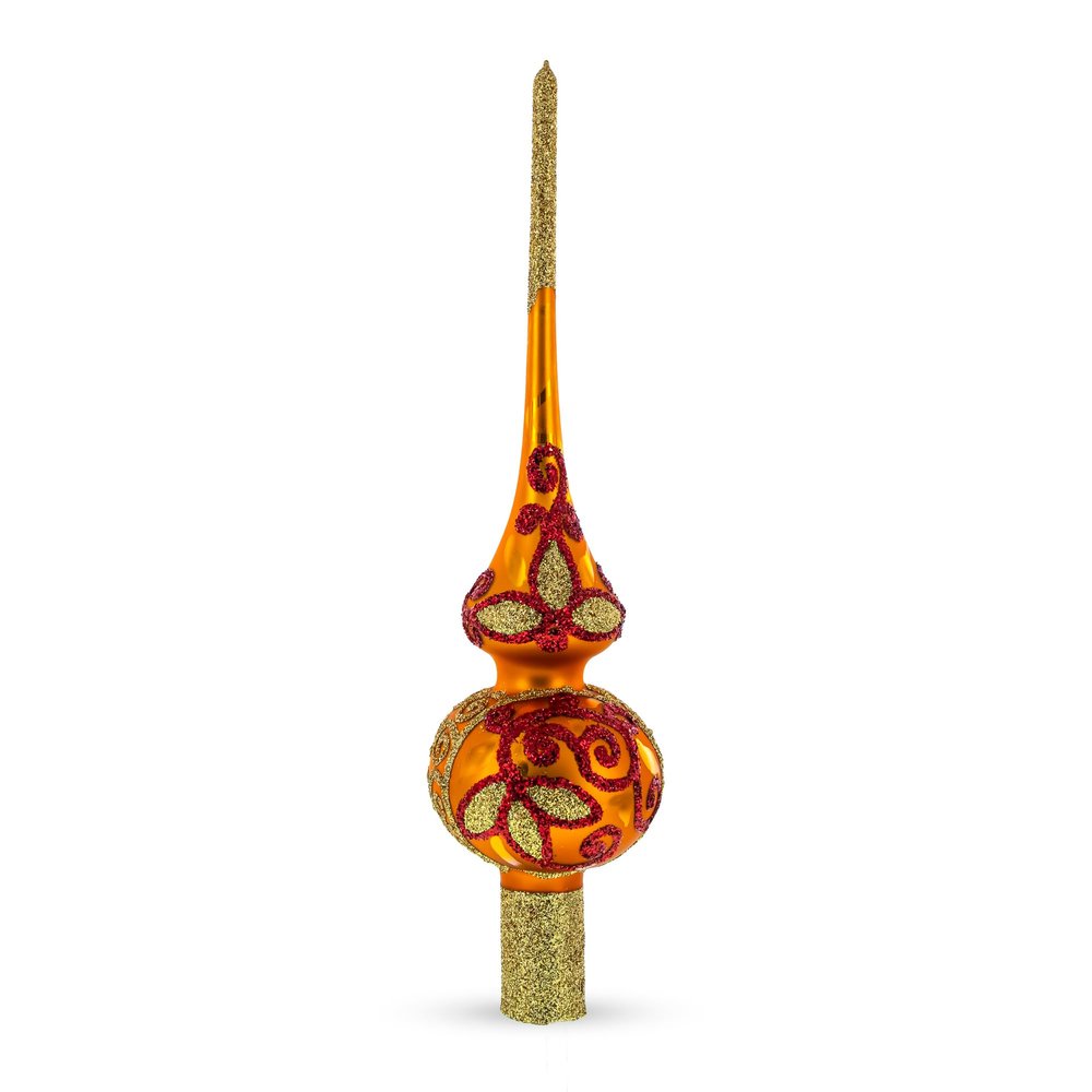 Sparkling Leaves on Gold Glass Christmas Tree Topper 11 Inches