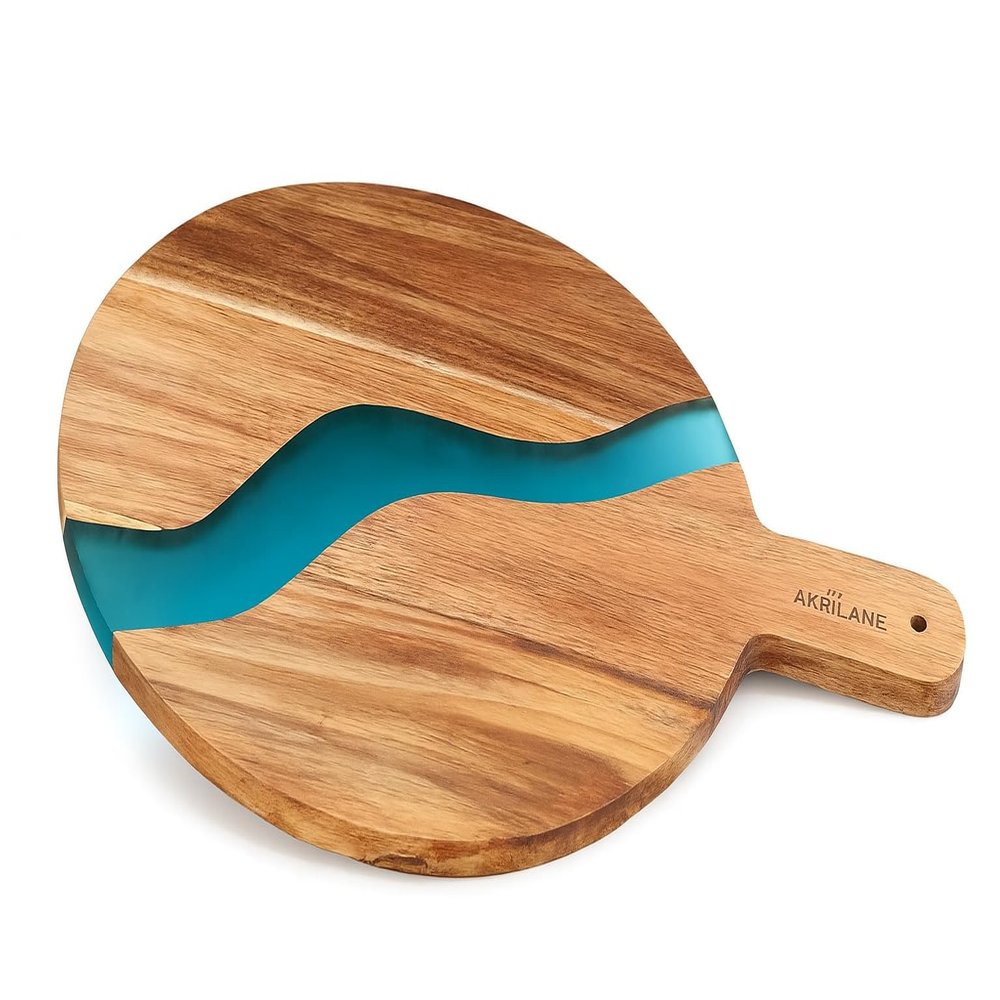AKRILANE Acacia Wood Cheese Board with Handle  Handmade Charcuterie Board with Blue Resin River  Luxury Serving & Cutting Board for Kitchen, Entertaining, and Home Dcor