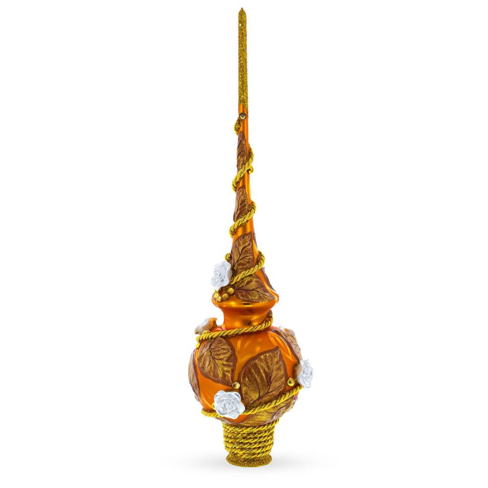 White Roses with Golden Leaves on Gold Glass Christmas Tree Topper 11 Inches